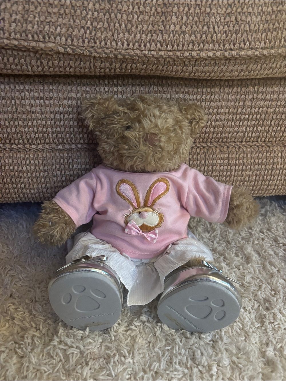 Build-A-Bear Brown Teddy in Pink Bunny Shirt and Silver Boots
